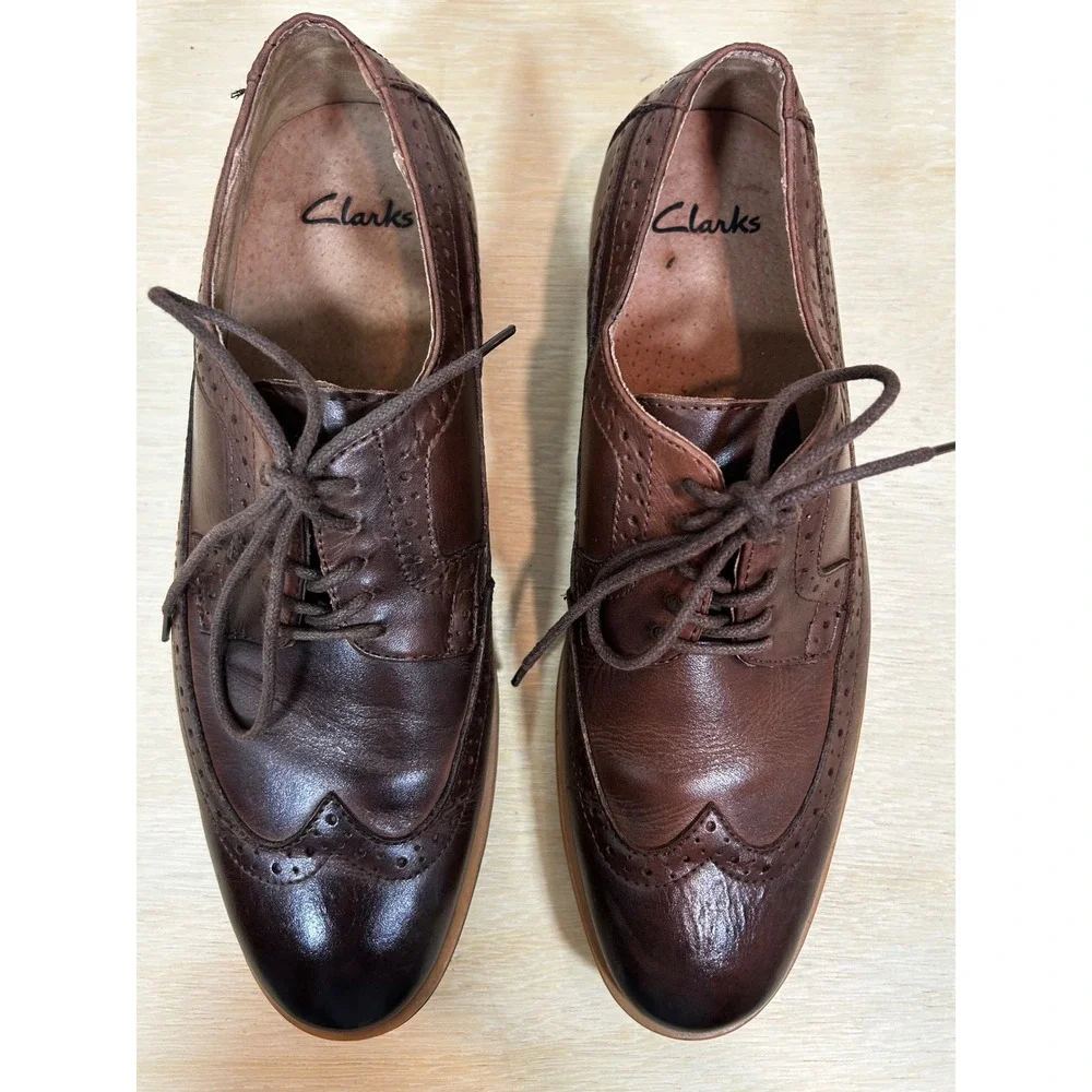 Clarks Mens Dark Brown Leather Wingtip Brogue Derby Dress Shoes US 8M